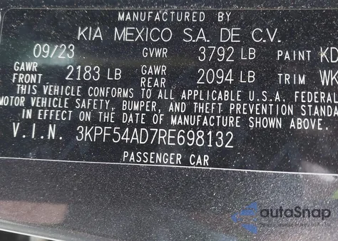 2024 Kia Forte Gt-Line из США, поврежденный, VIN 3KPF54AD7RE698132